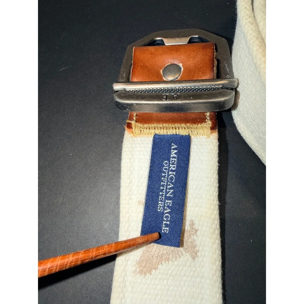 American Eagle Mens Cream Cotton Web Belt Leather Trim Eagle Logo Sz Large